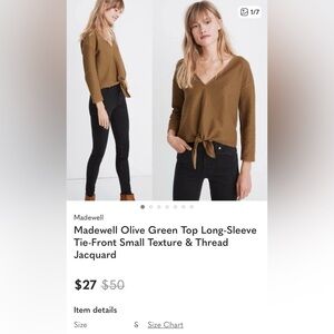 Madewell Olive Green Top Long-Sleeve Tie-Front Small Texture & Thread
